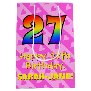27th Birthday: Fun Pink Hearts Stripes; Rainbow 27 Medium Gift Bag