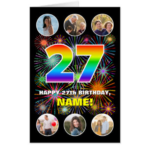 27th Birthday: Fun Rainbow #, Custom Name + Photos Card