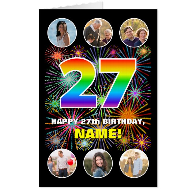 27th Birthday: Fun Rainbow #, Custom Name + Photos Card (Front)