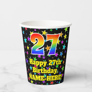 27th Birthday: Fun Stars Pattern and Rainbow 27 Paper Cups