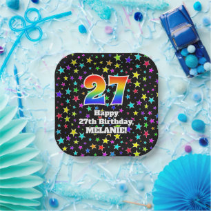 27th Birthday: Fun Stars Pattern and Rainbow “27” Paper Plates