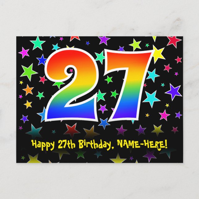 27th Birthday: Fun Stars Pattern, Rainbow 27, Name Postcard (Front)