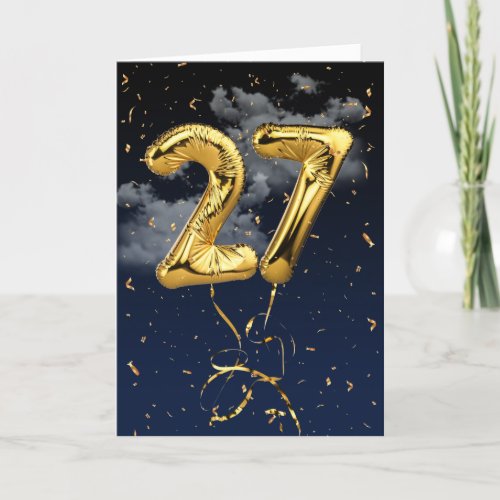 27th Birthday Gold Mylar Balloon and Confetti Card