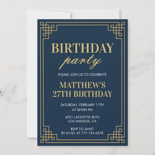 27th birthday invitations Birthday party boy navy (Front)