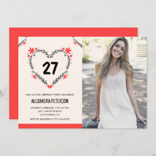 27th birthday invitations for her Floral Heart