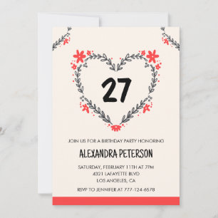 27th birthday invitations for her floral heart