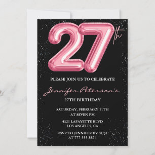 27th birthday invitations Pink Balloon Glam Black