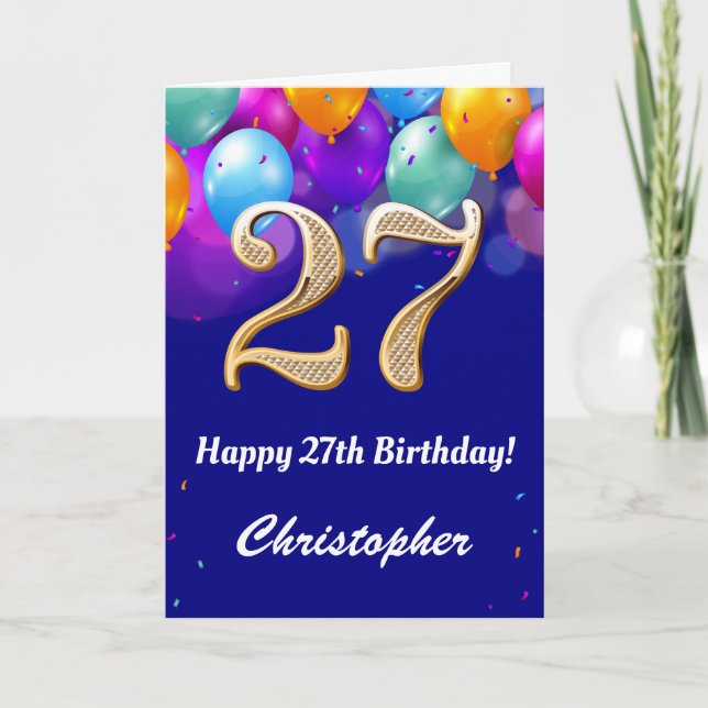 27th Birthday Navy Blue and Gold Colorful Balloons Card (Front)