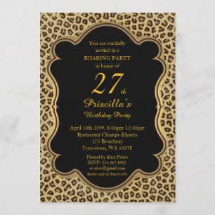 27th,Birthday Party 27th,Cheetah, Black & Gold Invitation