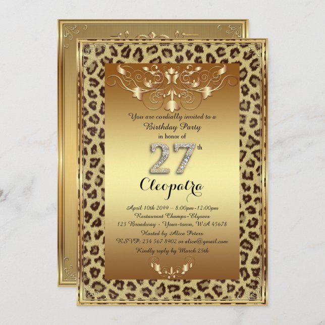 27th, Birthday Party 27th, Royal Cheetah gold plus Invitation (Front/Back)
