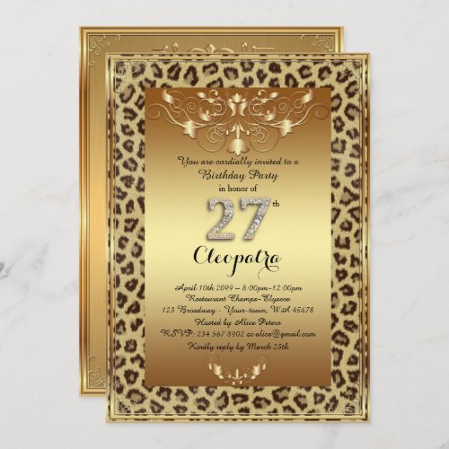 27th Birthday Party 27th Royal Cheetah gold plus Invitation