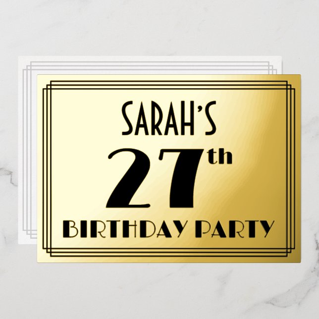 27th Birthday Party — Art Deco Look “27” + Name Foil Invitation (Front/Back)