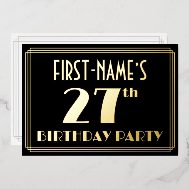 27th Birthday Party: Art Deco Look “27”, w/ Name Foil Invitation (Front/Back)