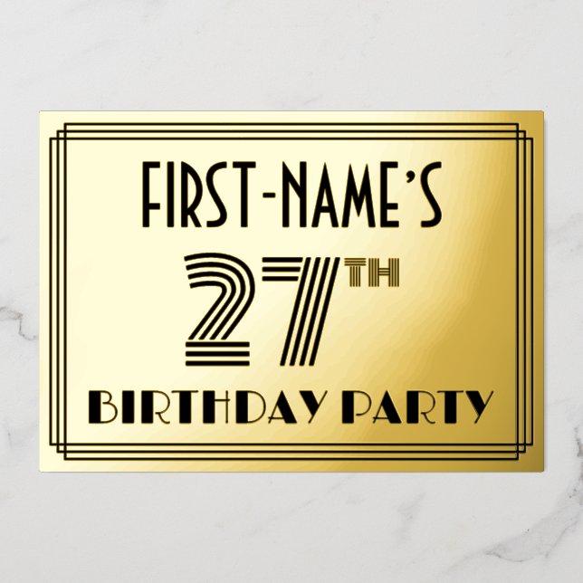 27th Birthday Party — Art Deco Style “27” & Name Foil Invitation (Front)