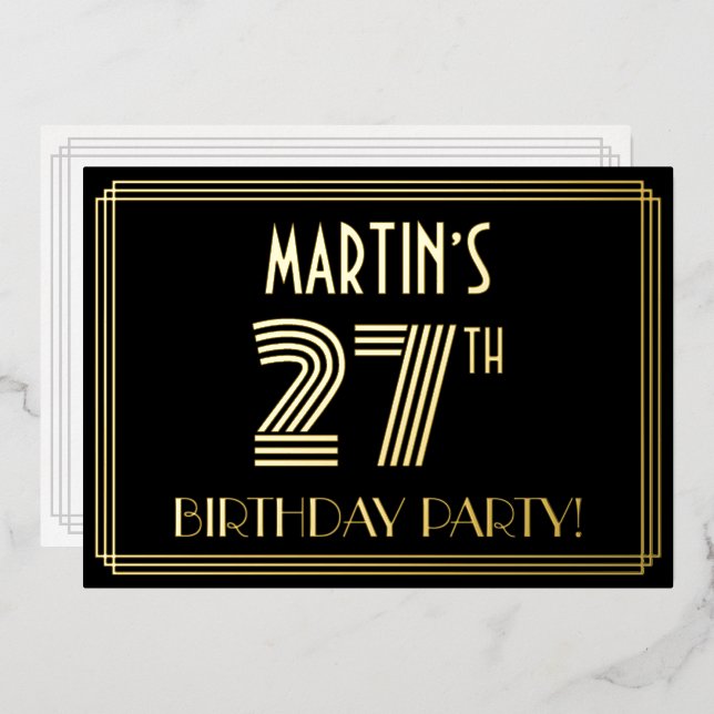 27th Birthday Party — Art Deco Style “27” + Name Foil Invitation (Front/Back)