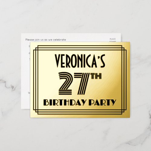 27th Birthday Party  Art Deco Style 27  Name Foil Invitation Postcard