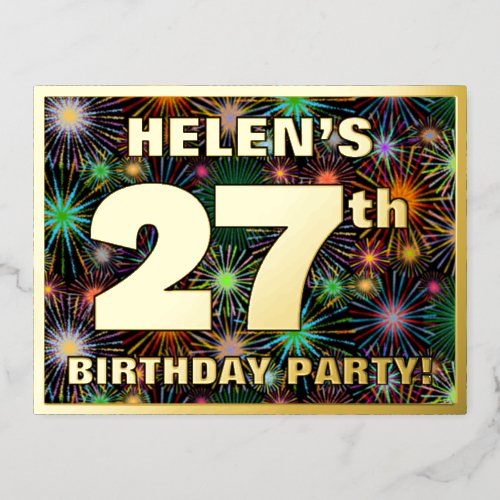 27th Birthday Party Bold Colorful Fireworks Look Foil Invitation Postcard
