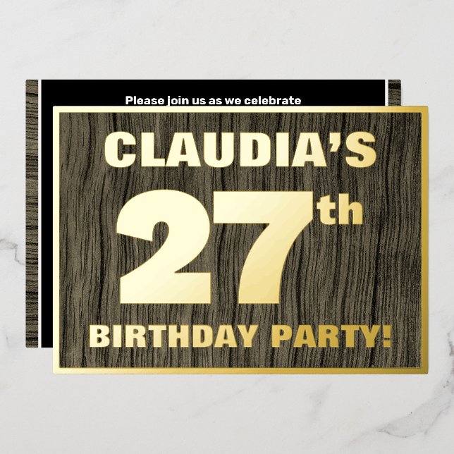 27th Birthday Party: Bold, Faux Wood Grain Pattern Foil Invitation (Front/Back)