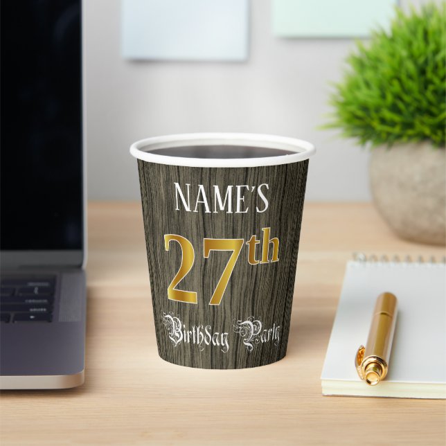 27th Birthday Party — Faux Gold & Faux Wood Looks Paper Cups (Insitu)
