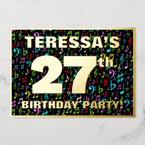 27th Birthday Party â Fun Colorful Music Symbols Foil Invitation
