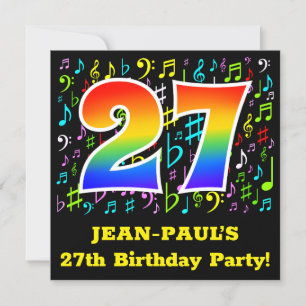 27th Birthday Party: Fun Music Symbols, Rainbow 27 Invitation