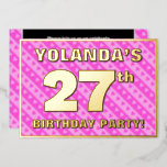 [ Thumbnail: 27th Birthday Party — Fun Pink Hearts and Stripes Invitation ]