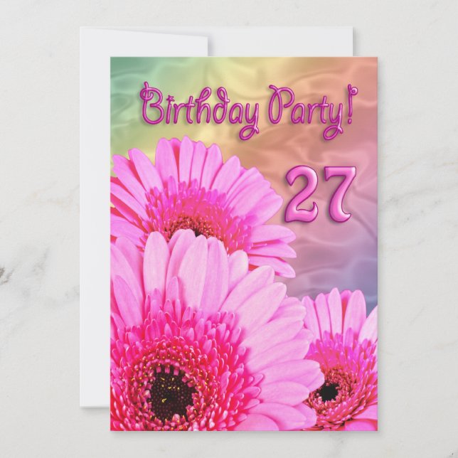 27th Birthday party invitation with pink flowers (Front)