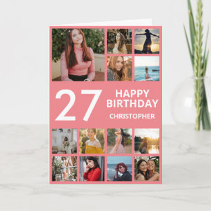 27th Birthday Photo Collage 13 Photos Pink & Whit Card