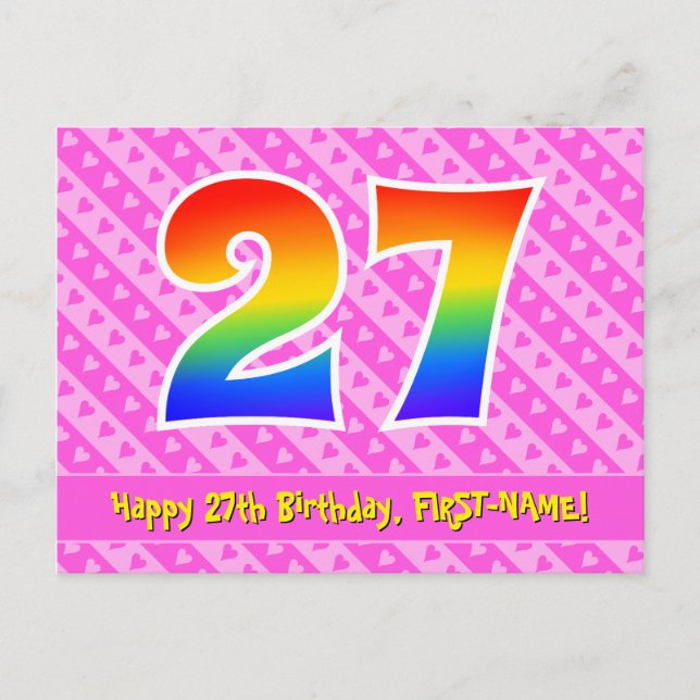 27th Birthday: Pink Stripes & Hearts, Rainbow 27 Postcard (Front)
