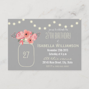 27th Birthday Pink Watercolor Flowers & Mason Jar Invitation