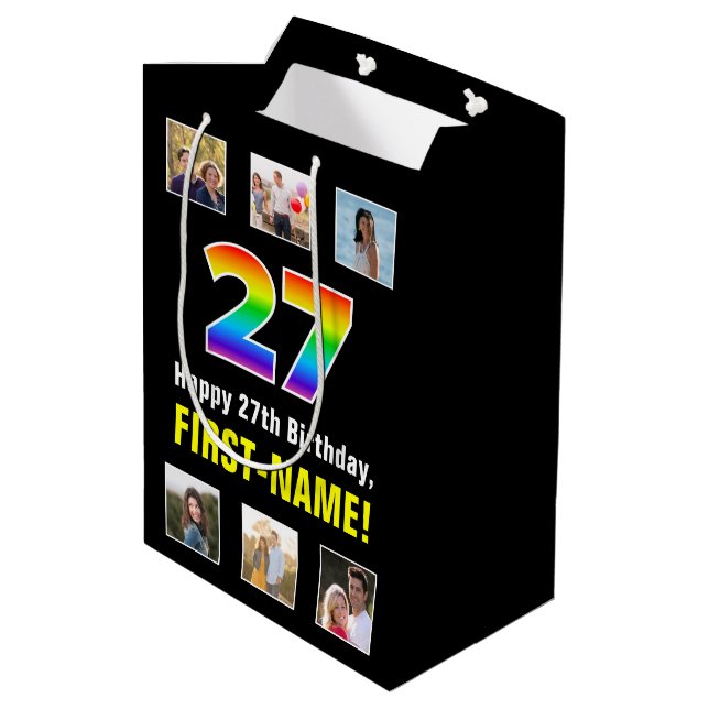 27th Birthday: Rainbow “27“, Custom Photos & Name Medium Gift Bag (Back Angled)