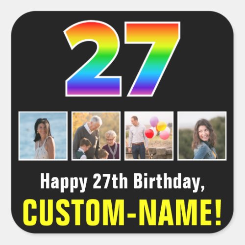 27th Birthday Rainbow 27 Custom Photos  Name Square Sticker