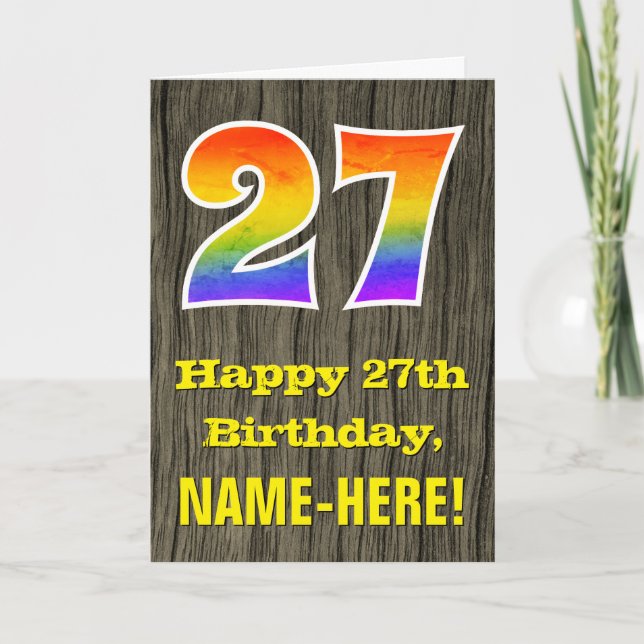 27th Birthday: Rustic Faux Wood Look, Rainbow "27" Card (Front)