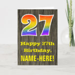 [ Thumbnail: 27th Birthday: Rustic Faux Wood Look, Rainbow "27" Card ]