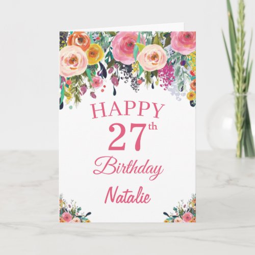 27th Birthday Watercolor Floral Flowers Pink Card