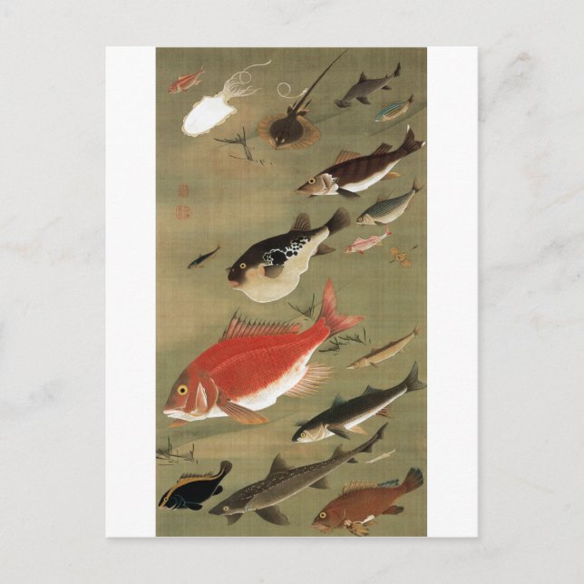 28. 群魚図, 若冲 Various Fishes, Jakuchū, Japan Art Postcard (Front)