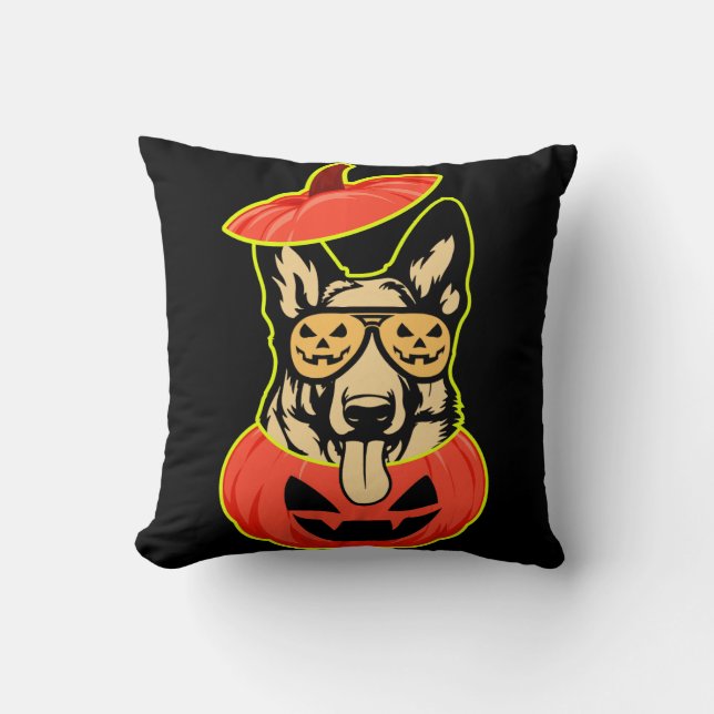 28 German Shepherd In Scary Pumpkin Shirt Funny Cu Throw Pillow (Front)