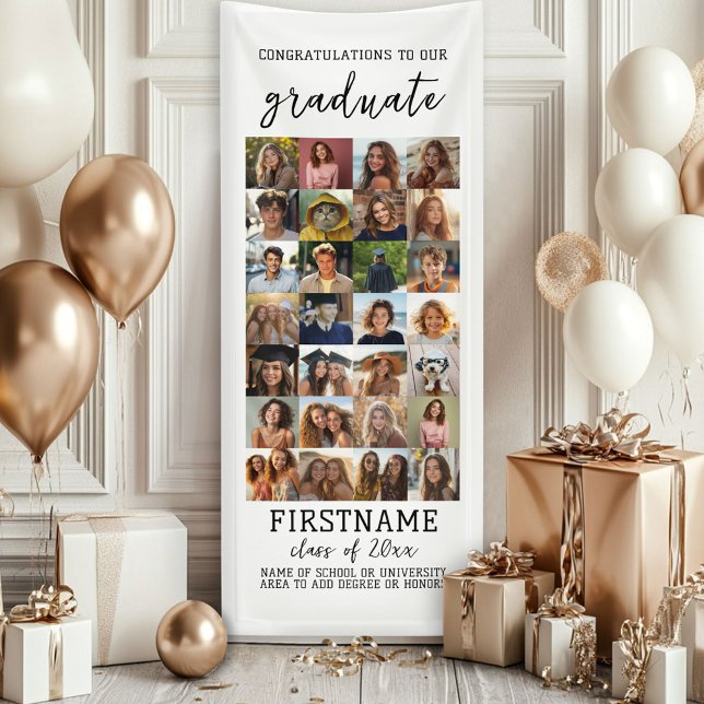 28 Photo Collage Graduation Modern Minimal White Banner (Custom Graduation Banner - Great for a backdrop or Grad Party Decoration)