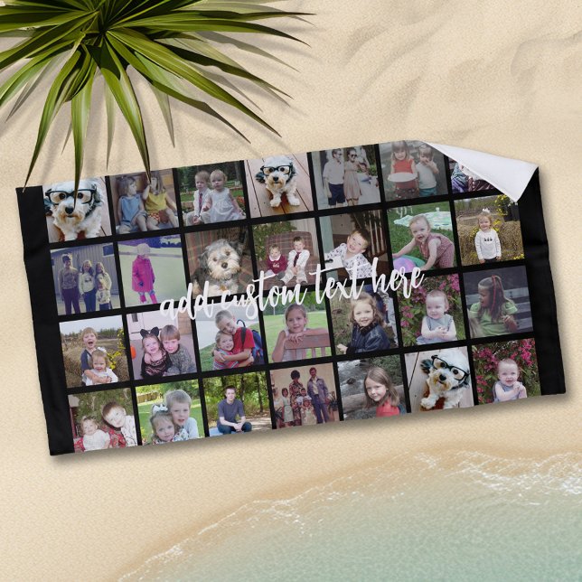 28 Photo Collage Grid - 1 Text box - black white Beach Towel (Personalized beach towel with photos and text)