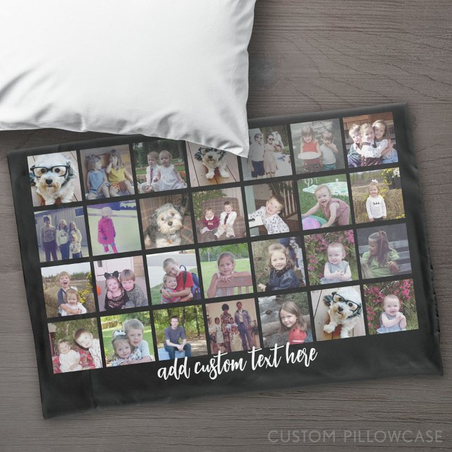 28 Photo Collage Grid - 1 Text box - black white Pillow Case (Custom Pillowcase)
