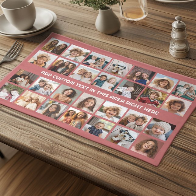 28 Photo Collage Grid - 1 Text box - rose mauve Cloth Placemat (Photo Collage Cloth Placemat)