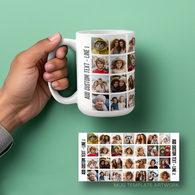 28 Photo Collage Grid - Script Text - black white Coffee Mug (Personalized mug template with a funky 28 photo collage and custom text)