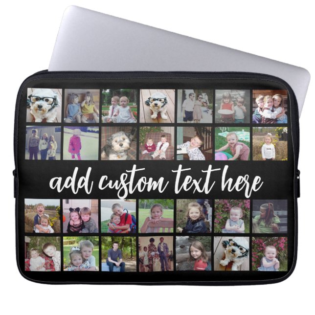 28 Photo Collage Grid - Script Text - black white Laptop Sleeve (Front)