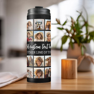 28 Photo Collage Grid - Script Text - black white Thermal Tumbler