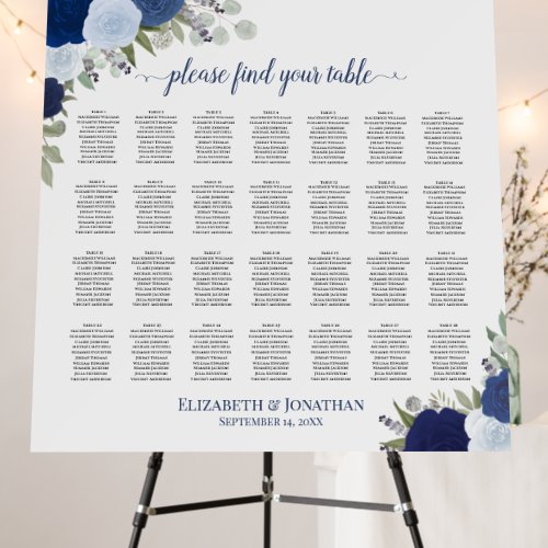 28 Table Blue Roses Elegant Wedding Seating Chart Foam Board