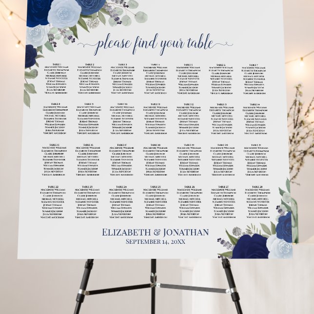 28 Table Blue Roses Elegant Wedding Seating Chart Foam Board (In Situ (Stand))