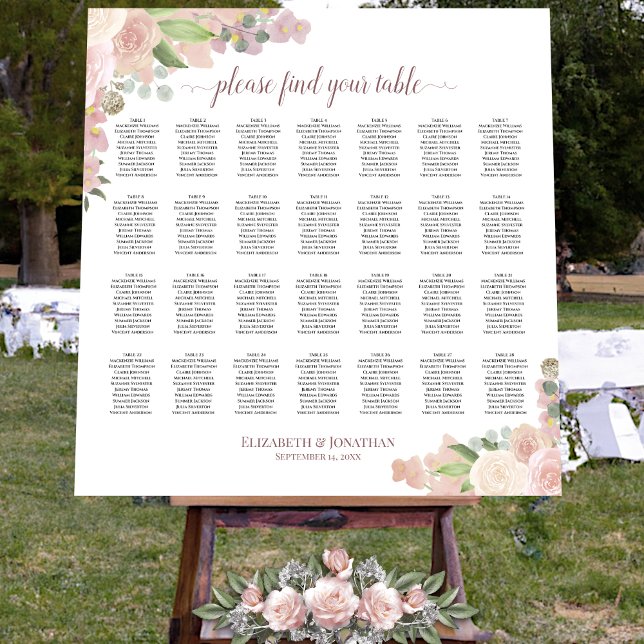 28 Table Blush Pink Floral Wedding Seating Chart Foam Board (In Situ on Stand)