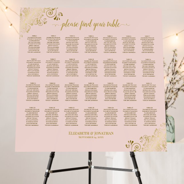 28 Table Blush Pink & Gold Wedding Seating Chart Foam Board (In Situ (Stand))
