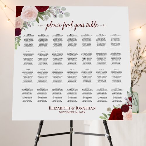 28 Table Burgundy Red Floral Wedding Seating Chart Foam Board