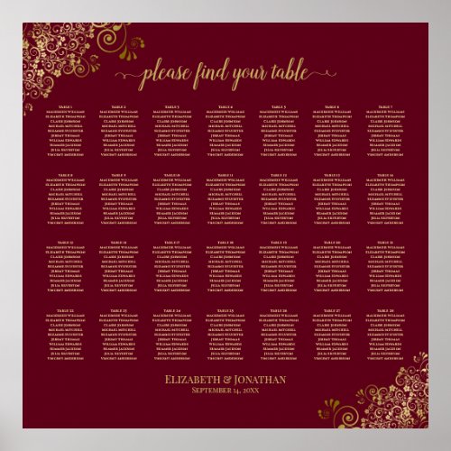 28 Table Burgundy with Gold Frills Seating Chart 